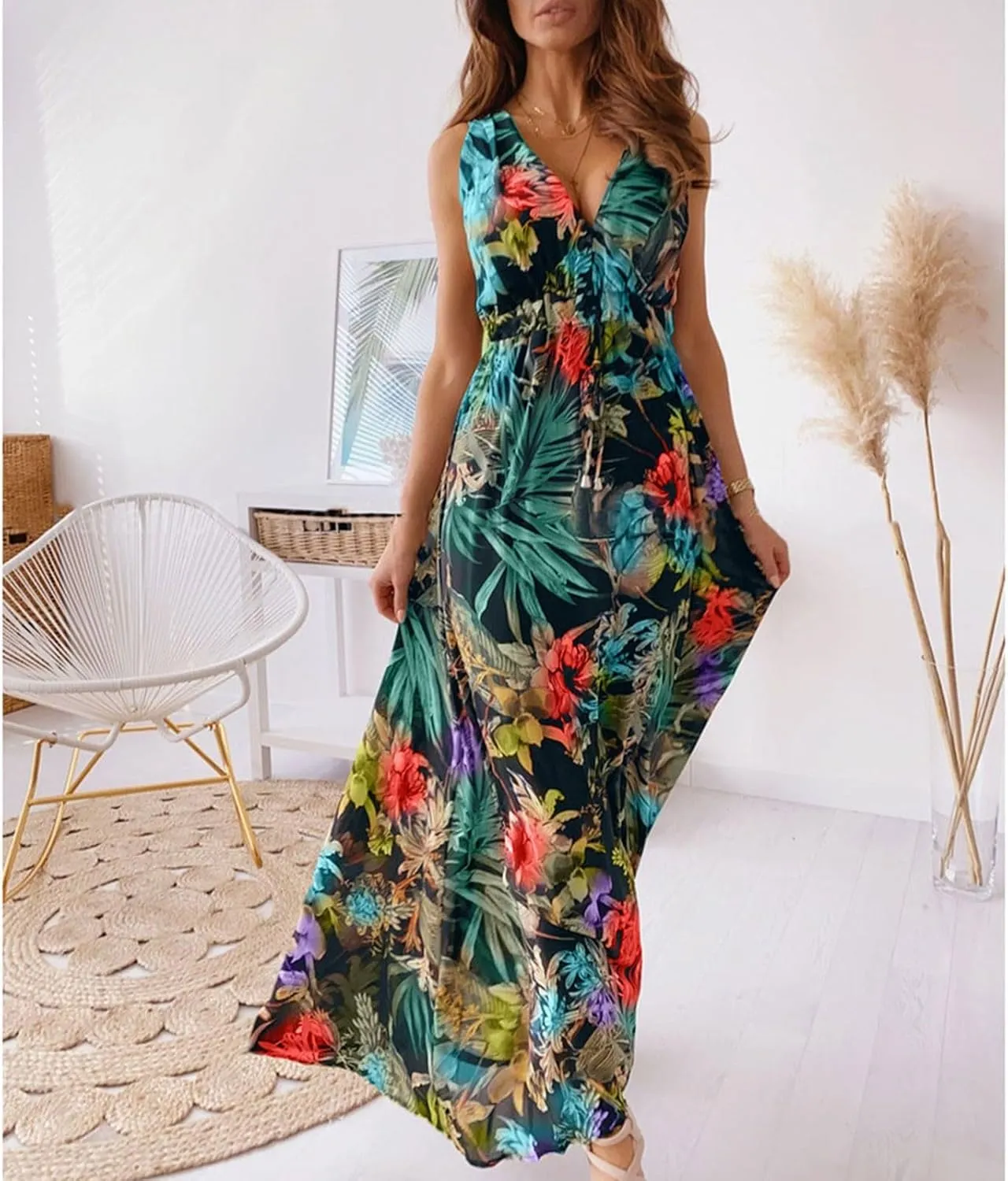 Women's Casual Dresses Sleeveless Maxi Boho Dresses 2024 Summer Beach Print Loose Swing V-Neck Dress Dresses, S-2XL