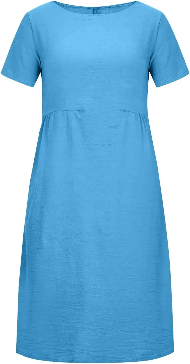 Women's Casual Dresses Summer Loose Trendy Short Sleeve Round Neck Solid Color Vacation Linen Dress, M-XL