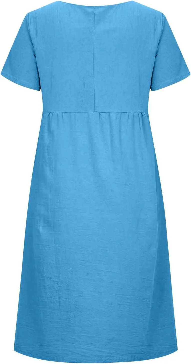 Women's Casual Dresses Summer Loose Trendy Short Sleeve Round Neck Solid Color Vacation Linen Dress, M-XL