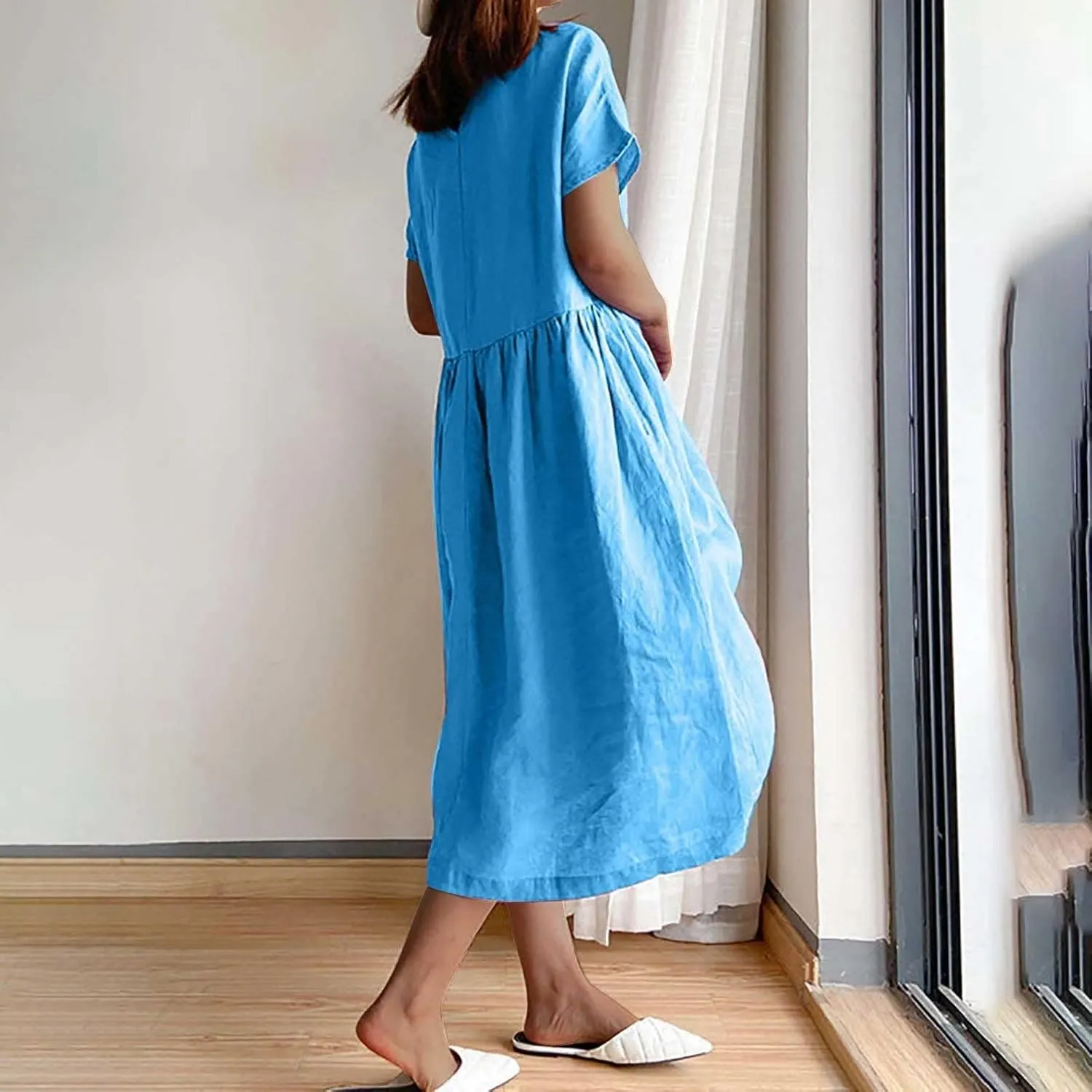 Women's Casual Dresses Summer Loose Trendy Short Sleeve Round Neck Solid Color Vacation Linen Dress, M-XL
