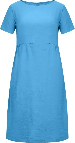 Women's Casual Dresses Summer Loose Trendy Short Sleeve Round Neck Solid Color Vacation Linen Dress, M-XL