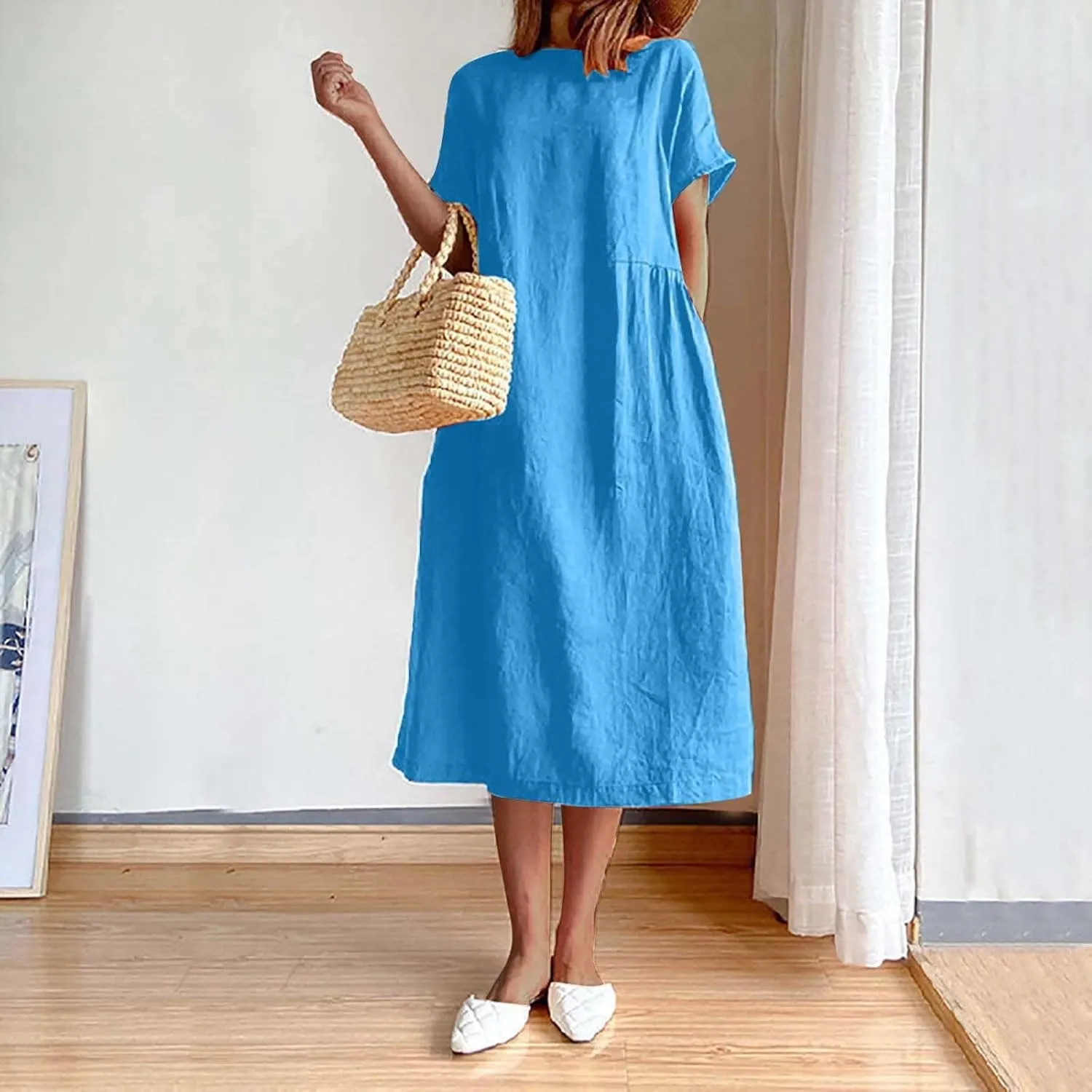 Women's Casual Dresses Summer Loose Trendy Short Sleeve Round Neck Solid Color Vacation Linen Dress, M-XL