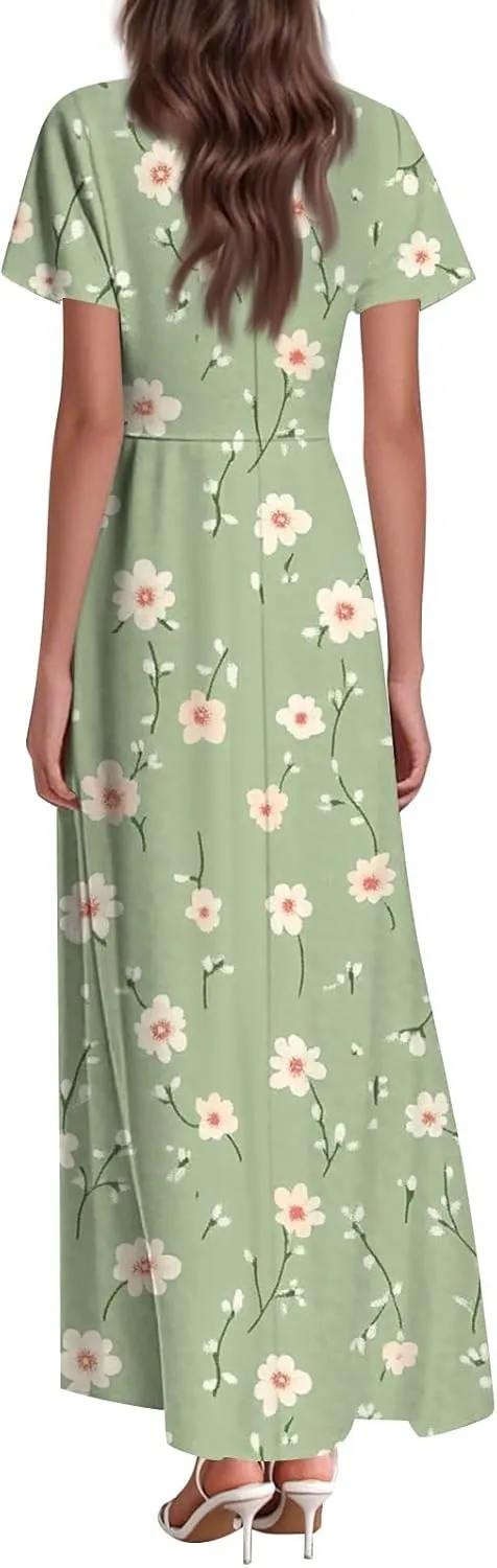 Women's Casual Dresses Summer Loose Trendy Short Sleeve V-Neck Floral Printed Sun Beach Maxi Dress, XS-2XL