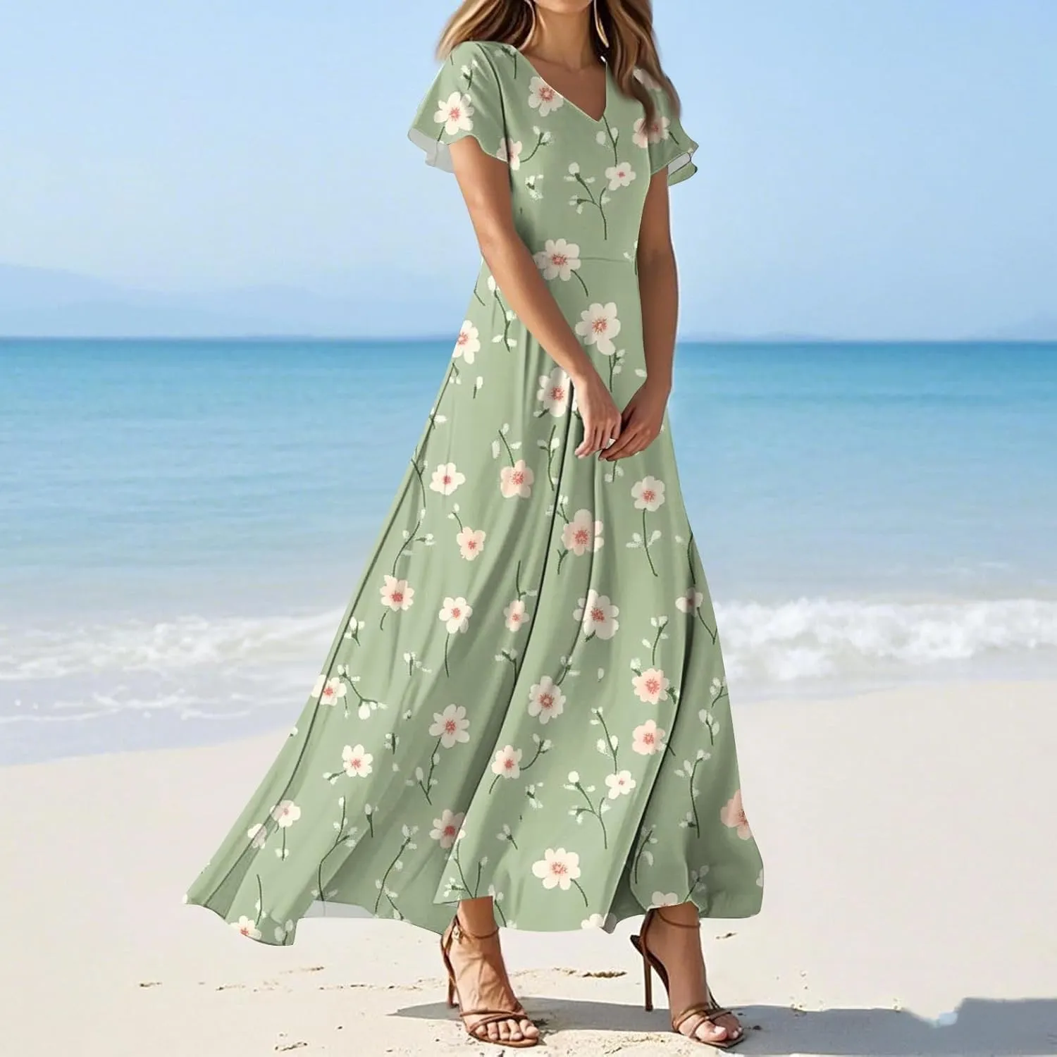 Women's Casual Dresses Summer Loose Trendy Short Sleeve V-Neck Floral Printed Sun Beach Maxi Dress, XS-2XL