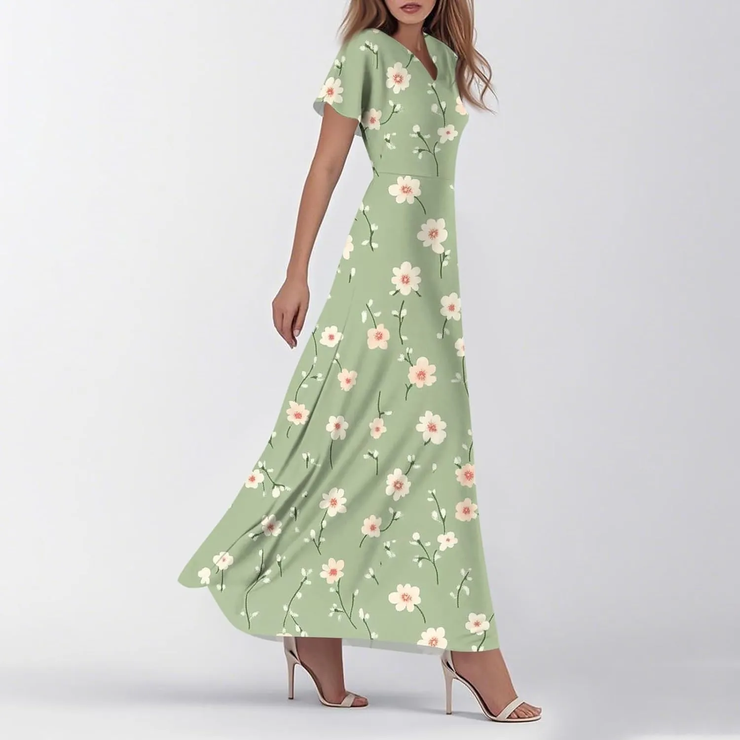 Women's Casual Dresses Summer Loose Trendy Short Sleeve V-Neck Floral Printed Sun Beach Maxi Dress, XS-2XL