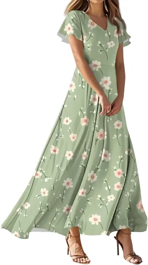 Women's Casual Dresses Summer Loose Trendy Short Sleeve V-Neck Floral Printed Sun Beach Maxi Dress, XS-2XL