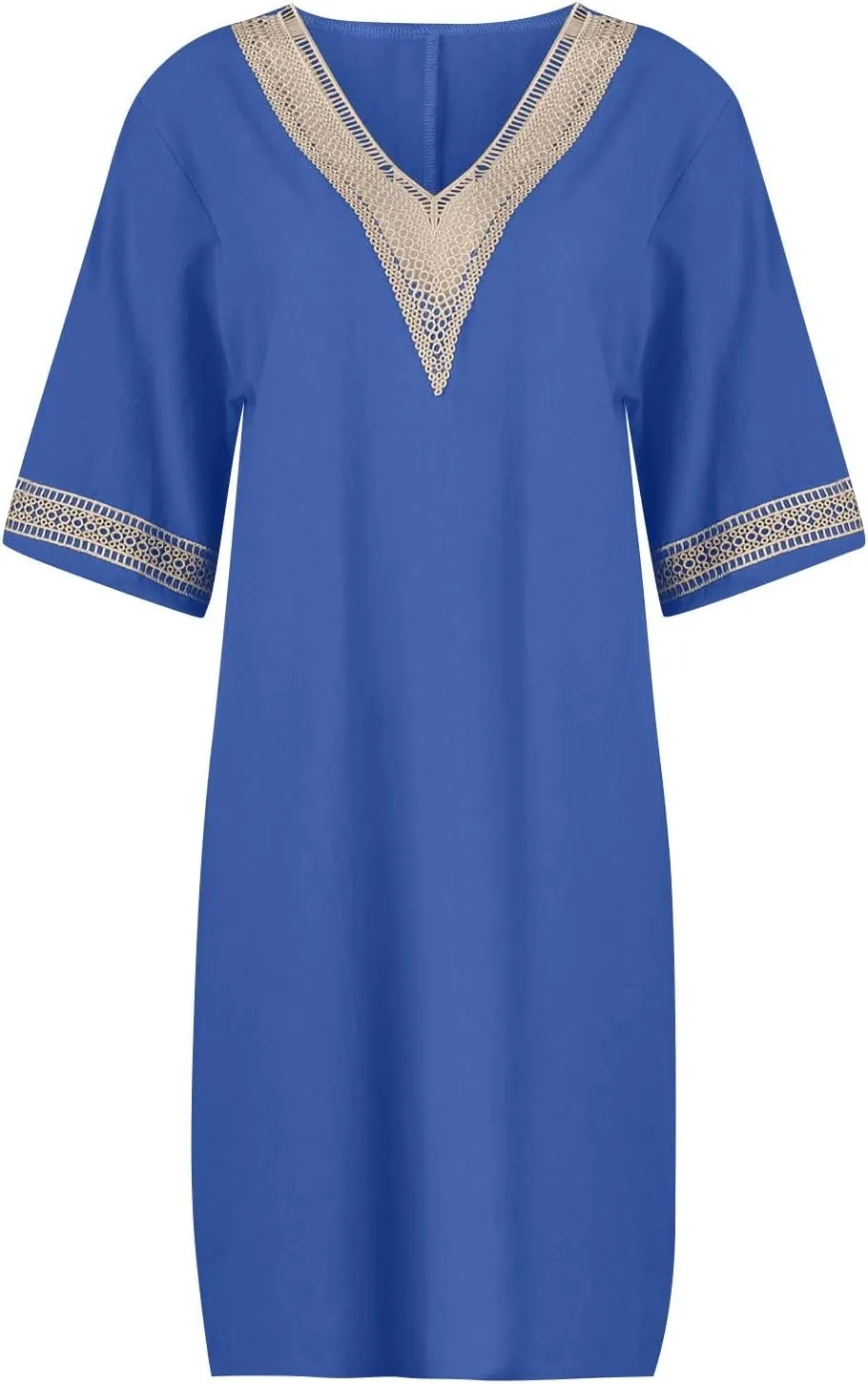 Women's Casual Dresses Summer Loose Trendy Short Sleeve V-Neck Solid Color Lace Beach Vacation Dress, S-3XL