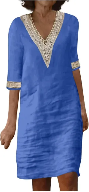 Women's Casual Dresses Summer Loose Trendy Short Sleeve V-Neck Solid Color Lace Beach Vacation Dress, S-3XL