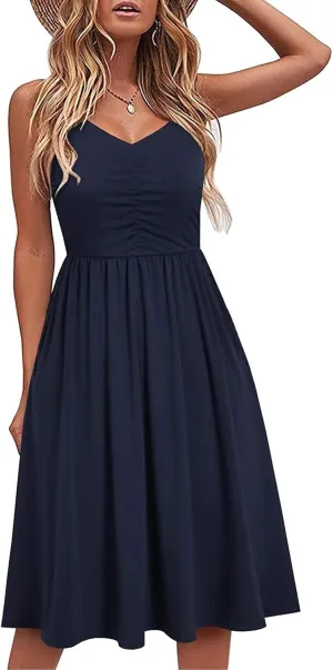 Women's Casual Dresses Summer Pleated Dress Sexy Spaghetti Strap Dresses Sleeveless V Neck Solid Tiered Clothes
