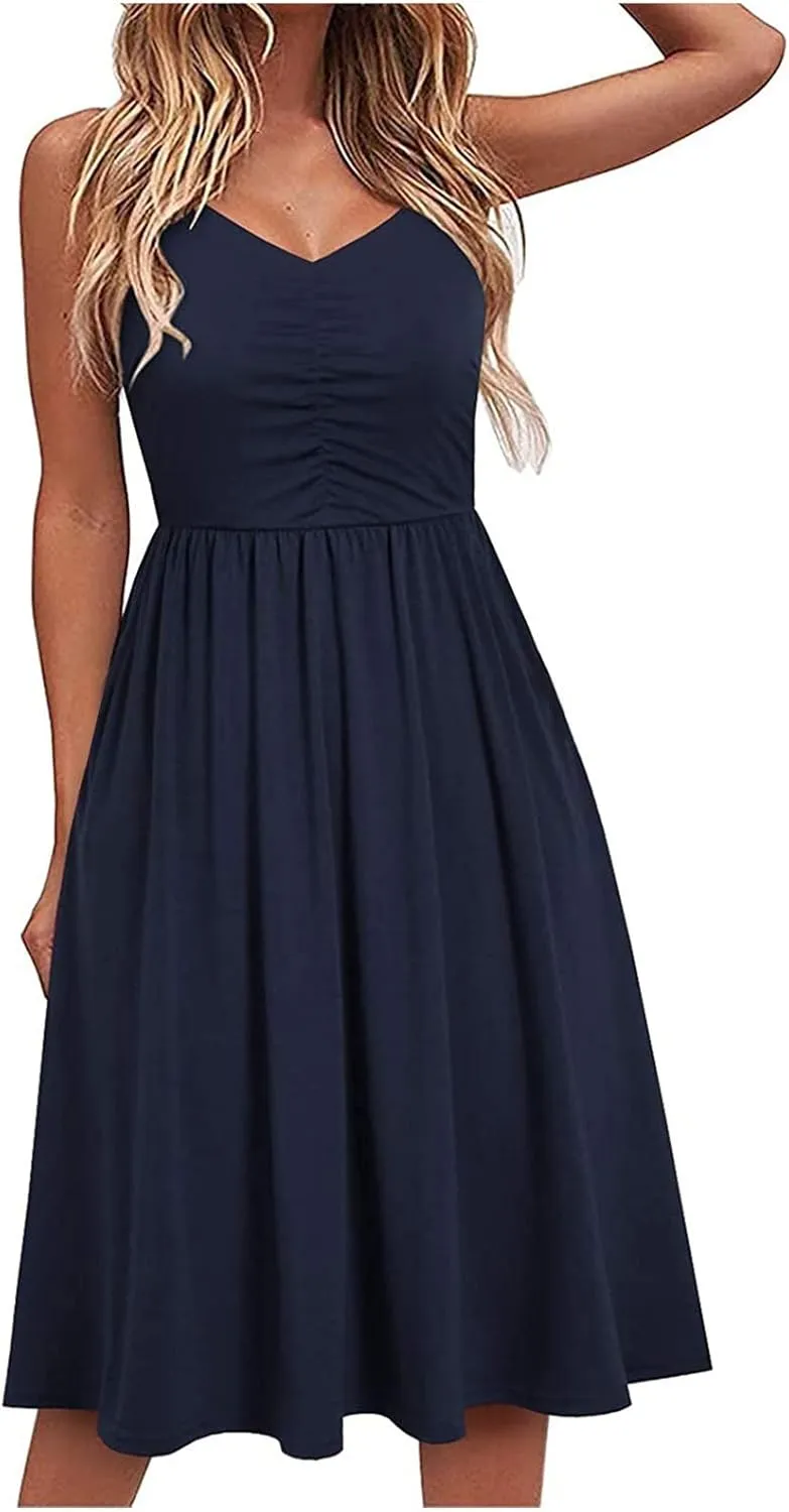 Women's Casual Dresses Summer Pleated Dress Sexy Spaghetti Strap Dresses Sleeveless V Neck Solid Tiered Clothes
