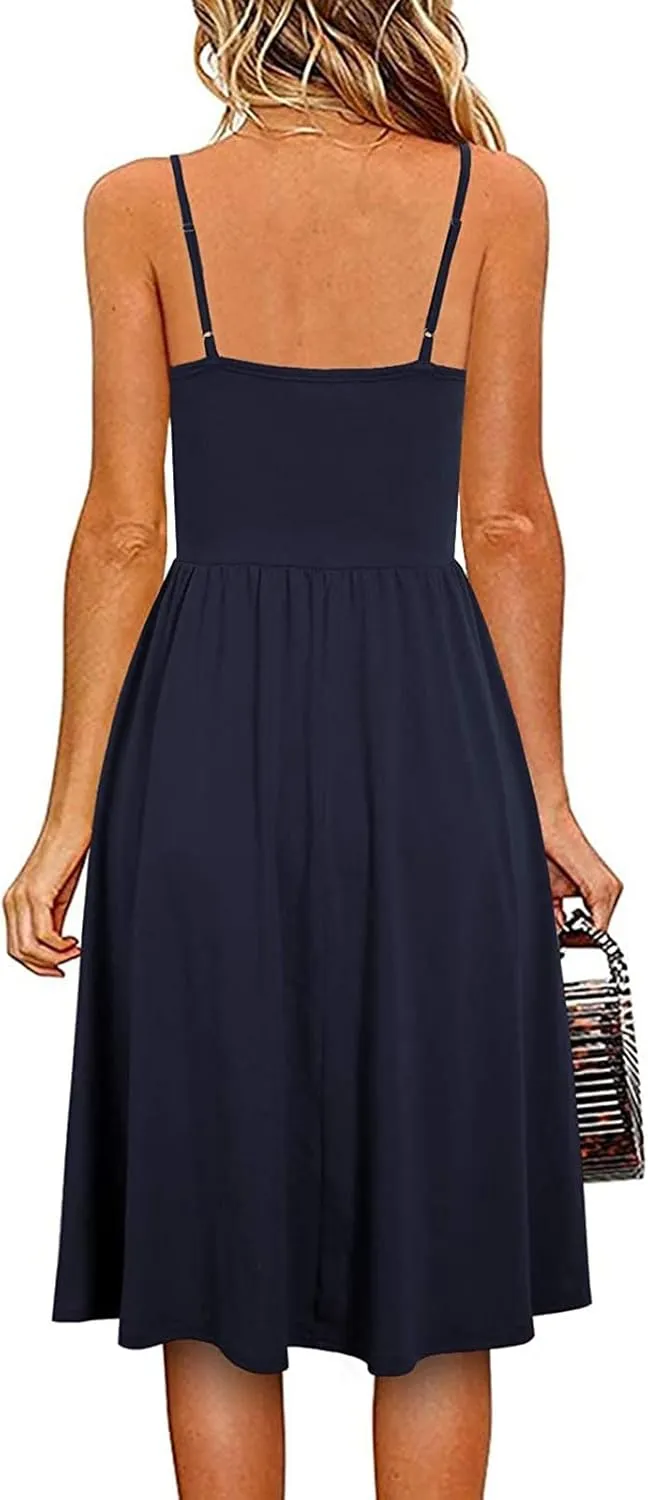 Women's Casual Dresses Summer Pleated Dress Sexy Spaghetti Strap Dresses Sleeveless V Neck Solid Tiered Clothes