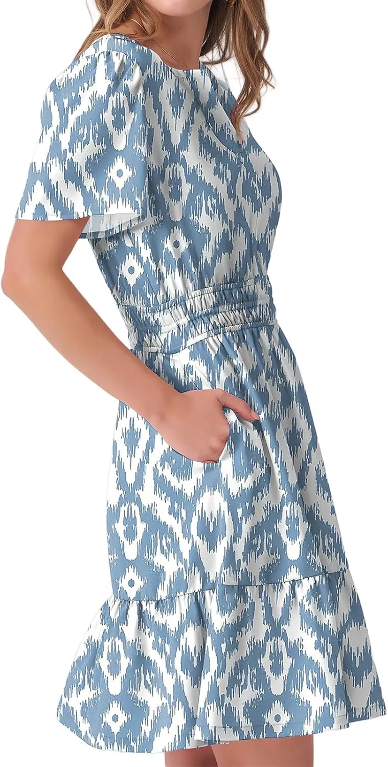 Women's Casual Dresses V Neck Short Sleeve Dress Summer High Waist Ruffle Mini Dresses A-Line Boho Vacation Dress