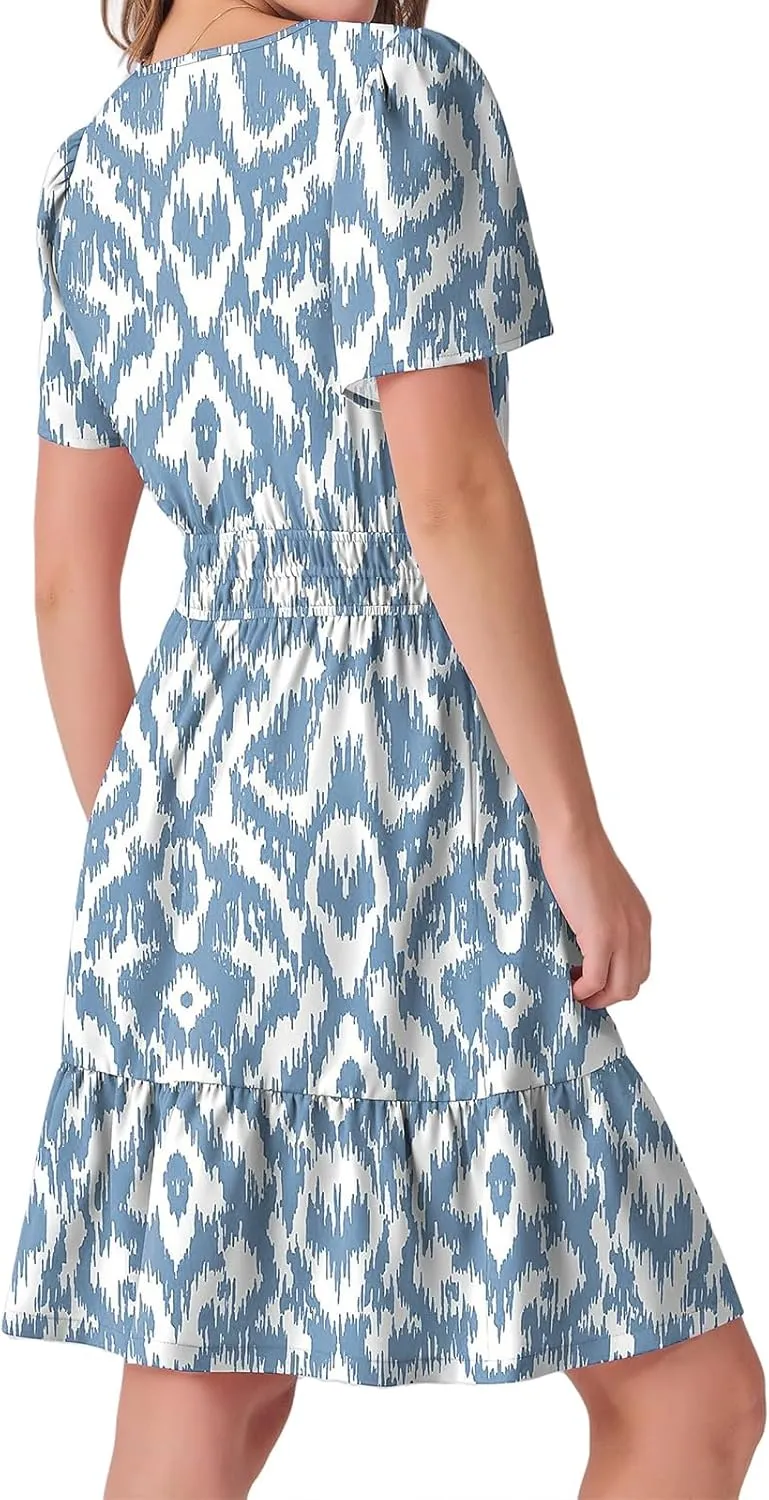 Women's Casual Dresses V Neck Short Sleeve Dress Summer High Waist Ruffle Mini Dresses A-Line Boho Vacation Dress