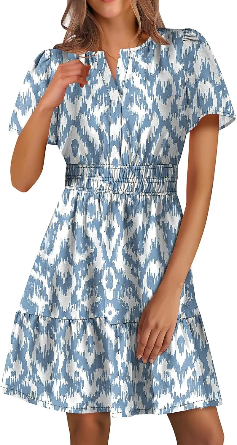 Women's Casual Dresses V Neck Short Sleeve Dress Summer High Waist Ruffle Mini Dresses A-Line Boho Vacation Dress