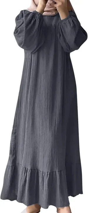 Women's Casual Fashion Long Sleeve Spring Ruffled Dress Retro Solid Color Vintage Long Flowy Dresses with Pocket