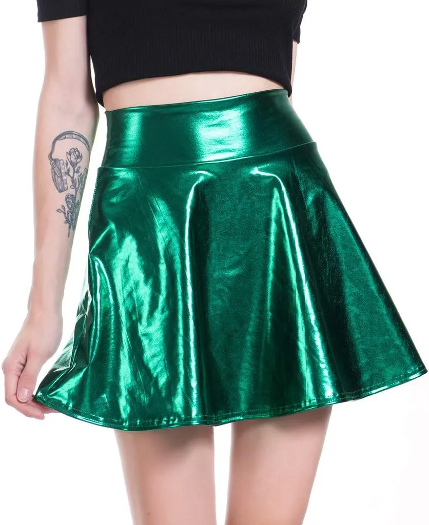 Women's Casual Fashion Shiny Flared Pleated A-Line Mini Skirt Girls Petticoat Skirt