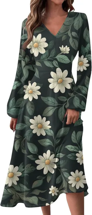 Women's Casual Fashion V-Neck Long Sleeve Floral Print Long Dress Fashion