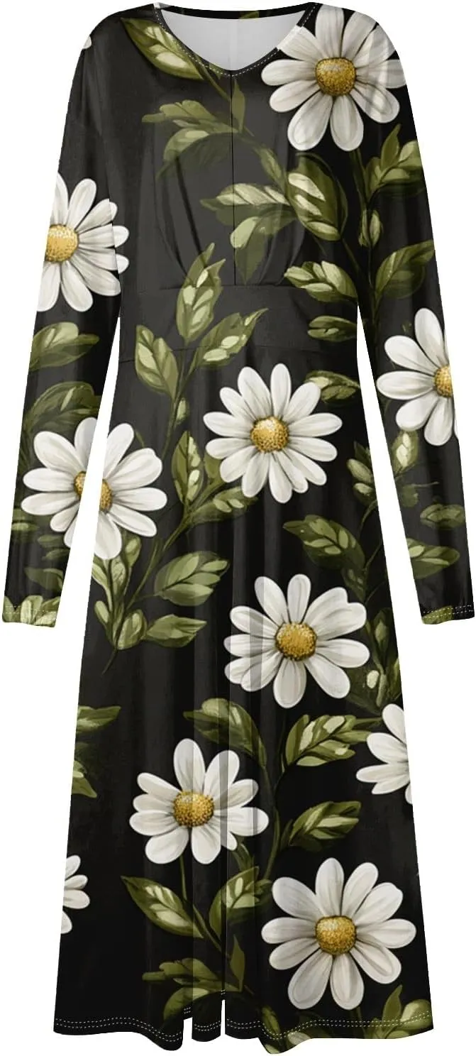 Women's Casual Fashion V-Neck Long Sleeve Floral Print Long Dress Fashion