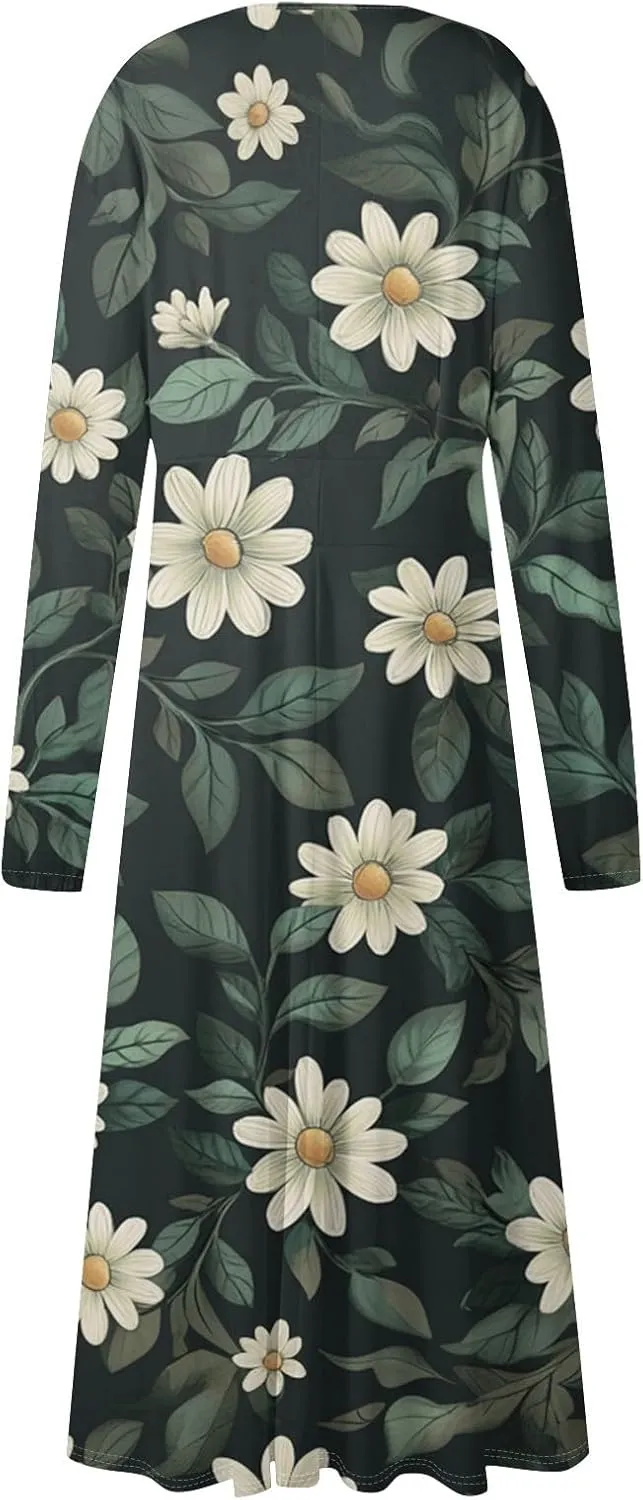 Women's Casual Fashion V-Neck Long Sleeve Floral Print Long Dress Fashion