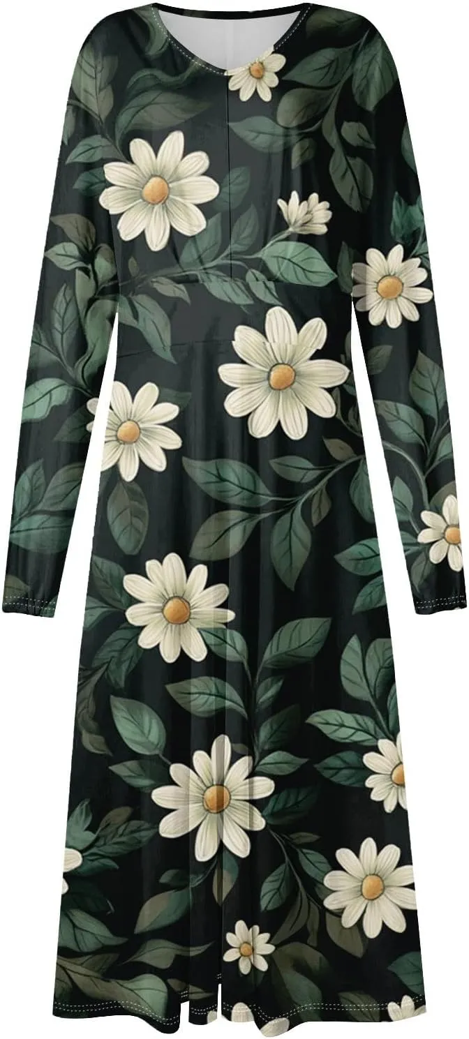 Women's Casual Fashion V-Neck Long Sleeve Floral Print Long Dress Fashion