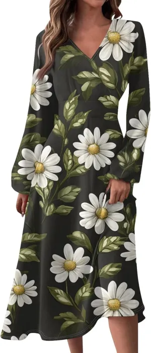 Women's Casual Fashion V-Neck Long Sleeve Floral Print Long Dress Fashion