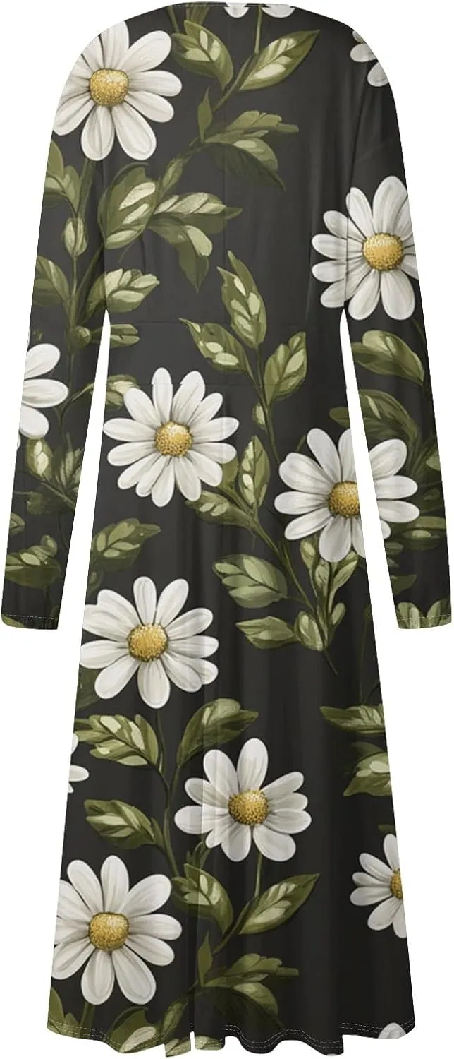 Women's Casual Fashion V-Neck Long Sleeve Floral Print Long Dress Fashion