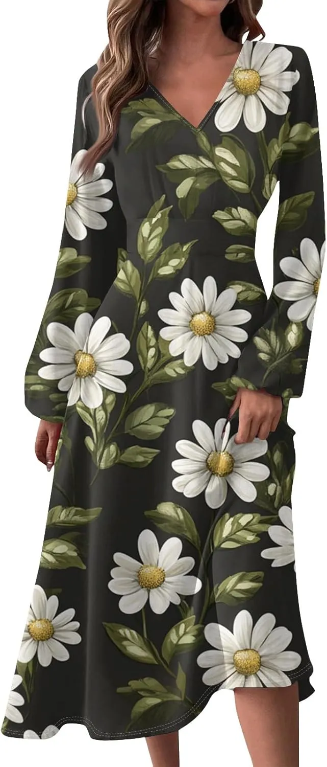 Women's Casual Fashion V-Neck Long Sleeve Floral Print Long Dress Fashion