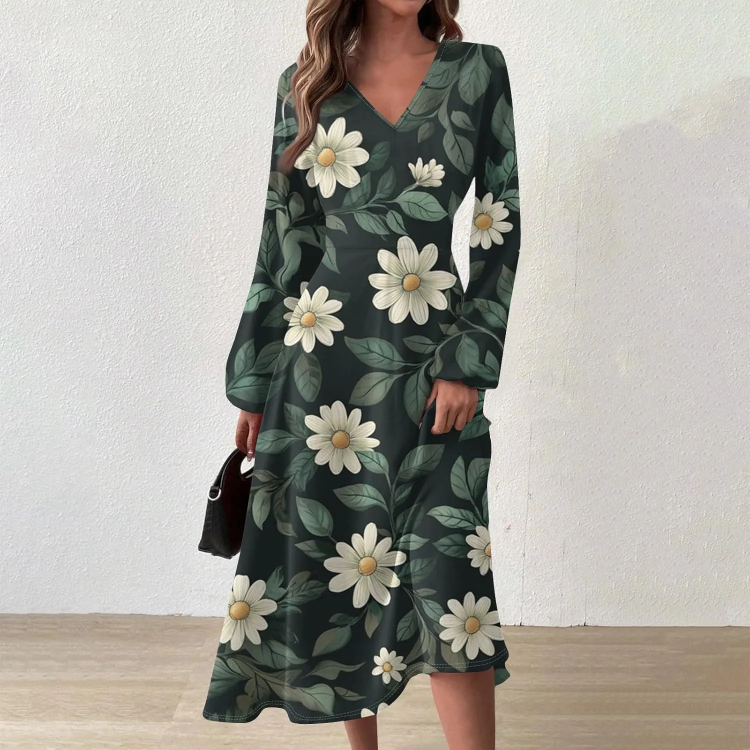 Women's Casual Fashion V-Neck Long Sleeve Floral Print Long Dress Fashion