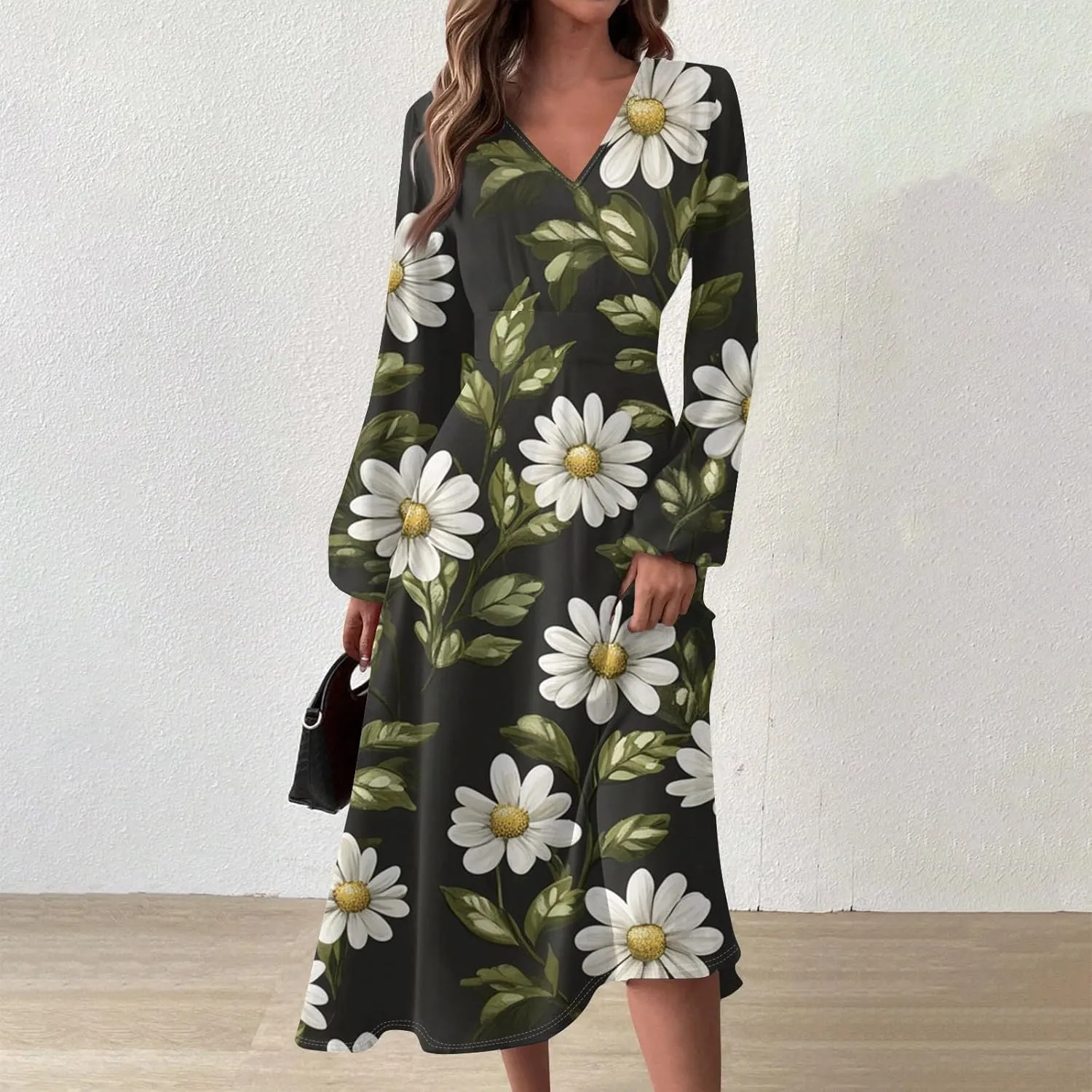 Women's Casual Fashion V-Neck Long Sleeve Floral Print Long Dress Fashion