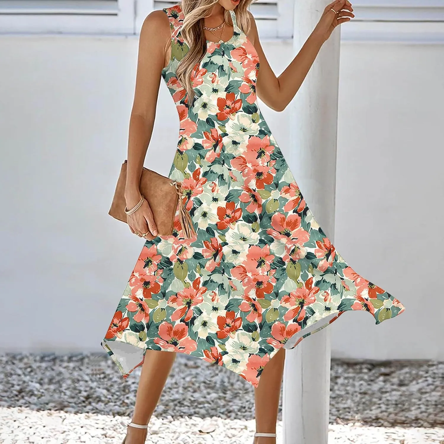 Womens Casual Long Tank Dress Floral Print Summer Loose Flowy Beach Sundress Hankerchief Flare Midi Swing Dresses