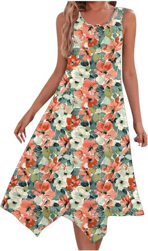 Womens Casual Long Tank Dress Floral Print Summer Loose Flowy Beach Sundress Hankerchief Flare Midi Swing Dresses
