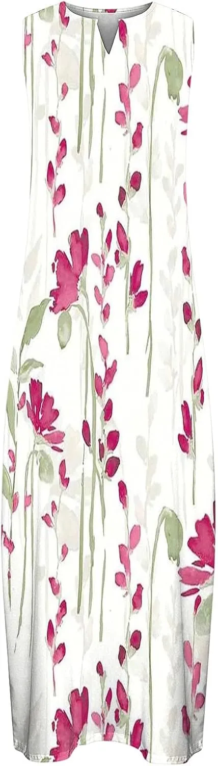 Womens Casual Loose Printed Tank Dress Summer Beach V-Neck Pocket Sundress Sleeveless Floor Length Dresses