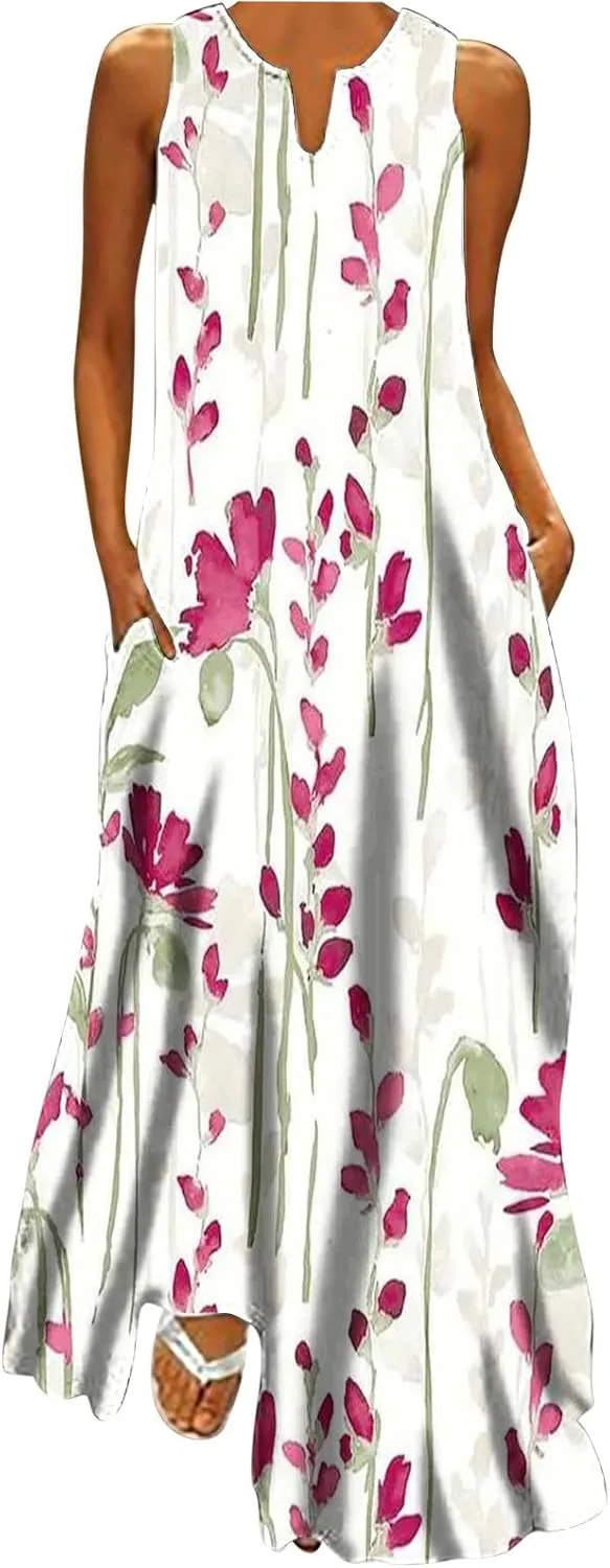 Womens Casual Loose Printed Tank Dress Summer Beach V-Neck Pocket Sundress Sleeveless Floor Length Dresses