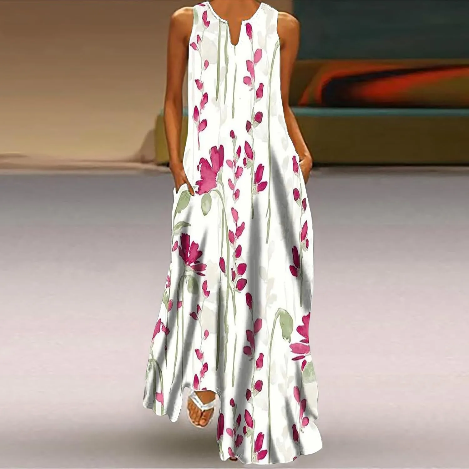 Womens Casual Loose Printed Tank Dress Summer Beach V-Neck Pocket Sundress Sleeveless Floor Length Dresses