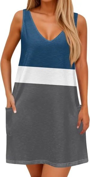 Women's Casual Print Summer Bohemian Beach Dress with Pockets V Neck Tank Dress