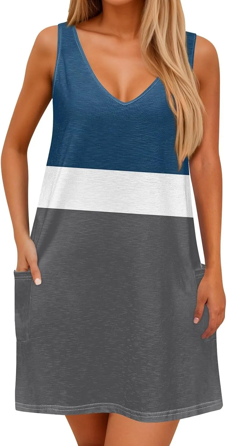 Women's Casual Print Summer Bohemian Beach Dress with Pockets V Neck Tank Dress