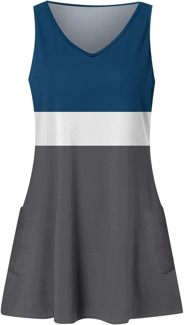 Women's Casual Print Summer Bohemian Beach Dress with Pockets V Neck Tank Dress