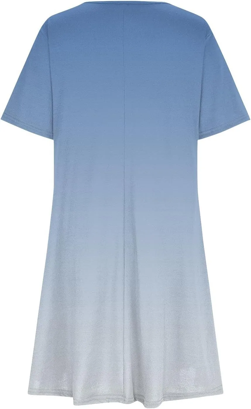 Womens Casual Short Sleeve Dress Summer Plus Size Loose Fit T-Shirt Sundress Gradient Color Swing Dresses