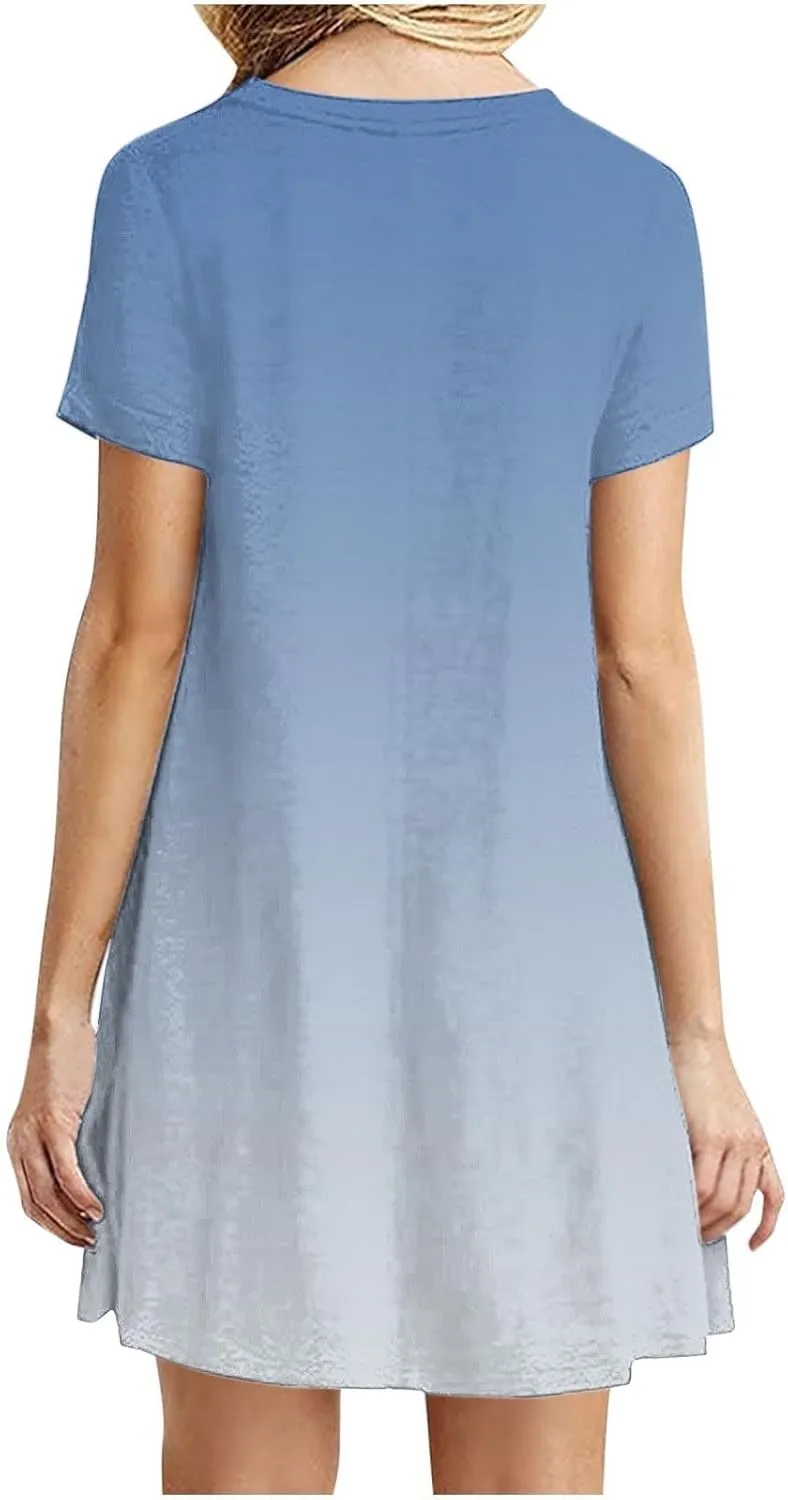 Womens Casual Short Sleeve Dress Summer Plus Size Loose Fit T-Shirt Sundress Gradient Color Swing Dresses