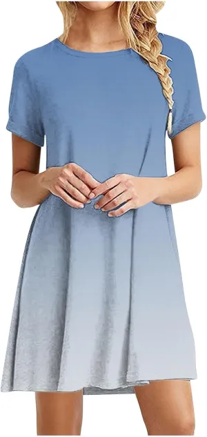 Womens Casual Short Sleeve Dress Summer Plus Size Loose Fit T-Shirt Sundress Gradient Color Swing Dresses