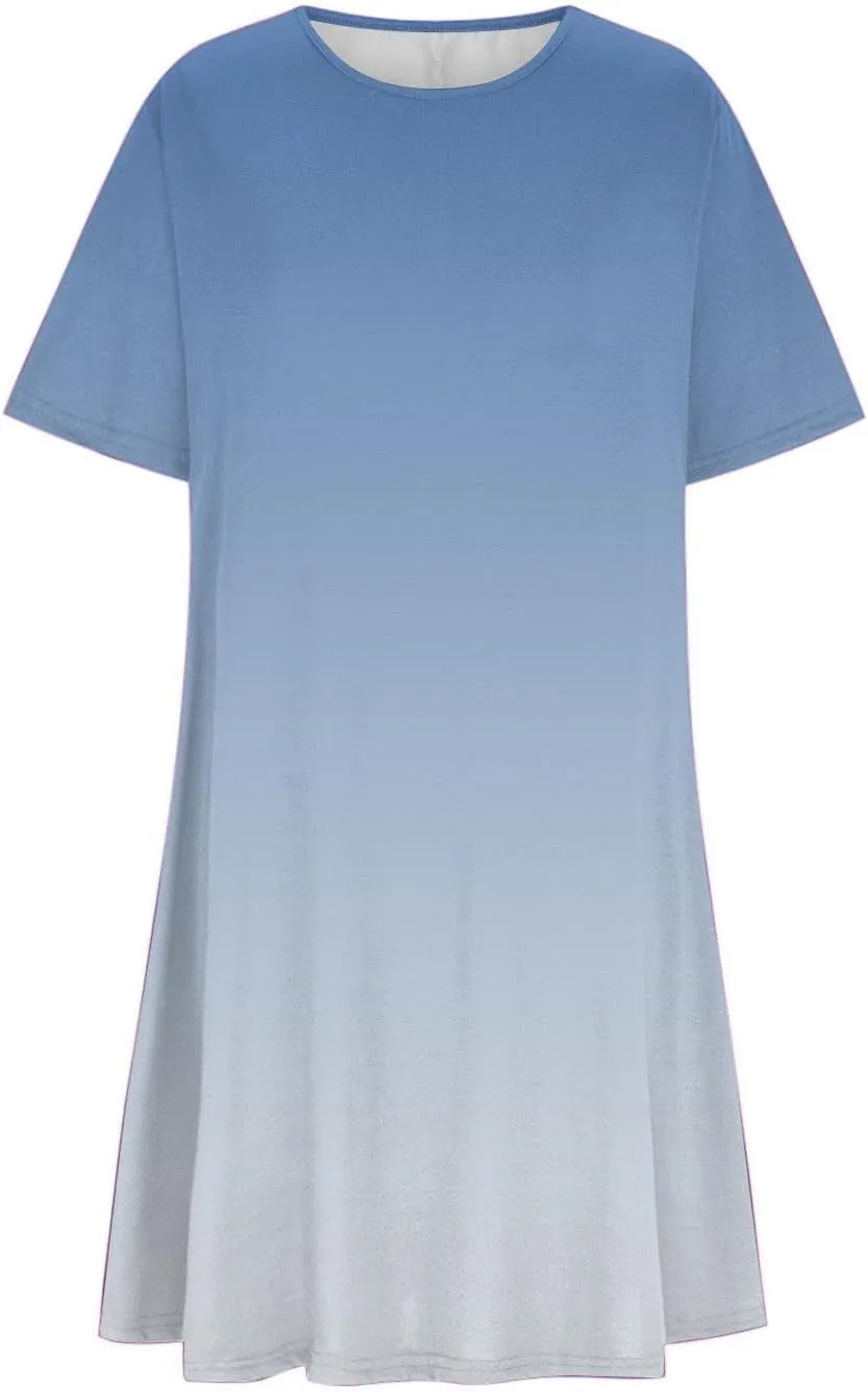 Womens Casual Short Sleeve Dress Summer Plus Size Loose Fit T-Shirt Sundress Gradient Color Swing Dresses
