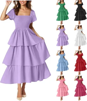 Women's Casual Summer Boho Midi Dress 2025 Short Puff Sleeve Tiered Flowy A Line Long Dresses Smocked Beach Sundress