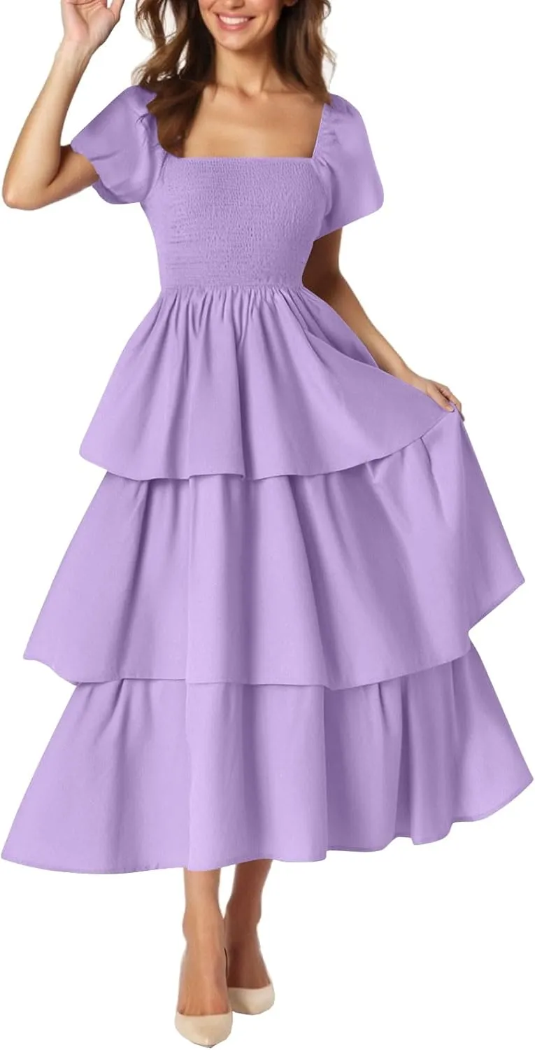 Women's Casual Summer Boho Midi Dress 2025 Short Puff Sleeve Tiered Flowy A Line Long Dresses Smocked Beach Sundress
