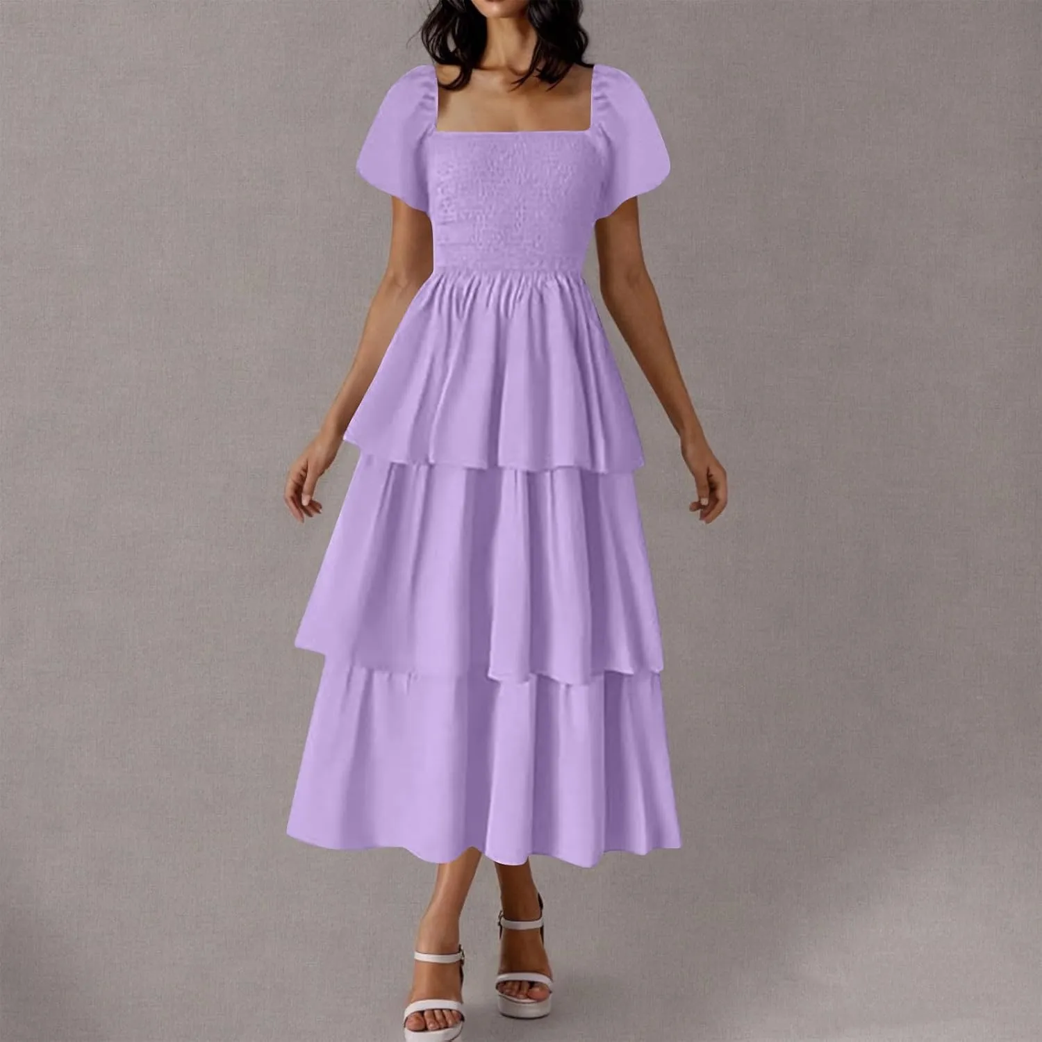 Women's Casual Summer Boho Midi Dress 2025 Short Puff Sleeve Tiered Flowy A Line Long Dresses Smocked Beach Sundress