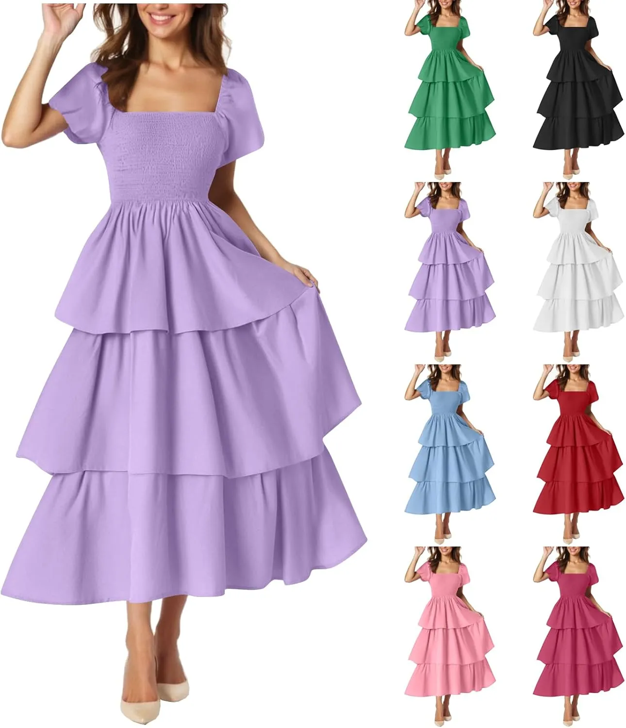 Women's Casual Summer Boho Midi Dress 2025 Short Puff Sleeve Tiered Flowy A Line Long Dresses Smocked Beach Sundress
