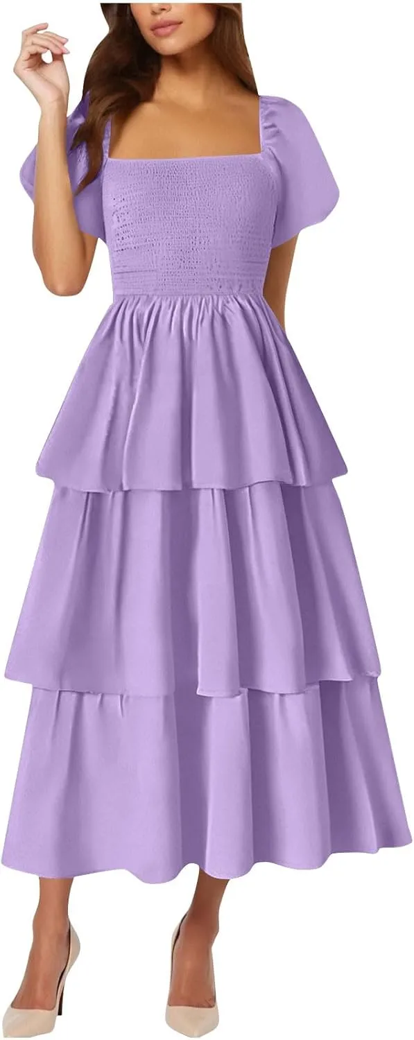 Women's Casual Summer Boho Midi Dress 2025 Short Puff Sleeve Tiered Flowy A Line Long Dresses Smocked Beach Sundress