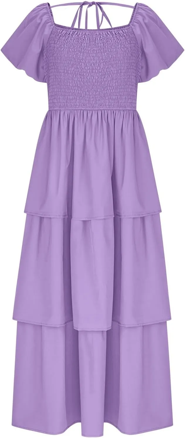 Women's Casual Summer Boho Midi Dress 2025 Short Puff Sleeve Tiered Flowy A Line Long Dresses Smocked Beach Sundress