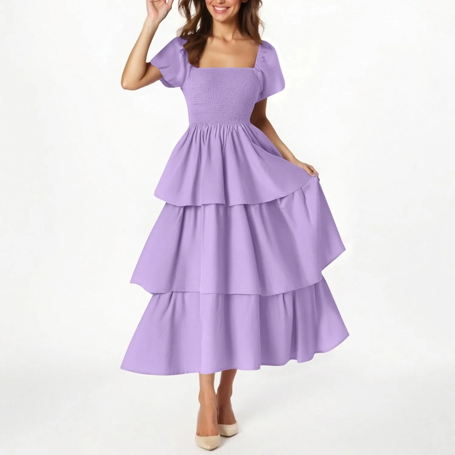 Women's Casual Summer Boho Midi Dress 2025 Short Puff Sleeve Tiered Flowy A Line Long Dresses Smocked Beach Sundress
