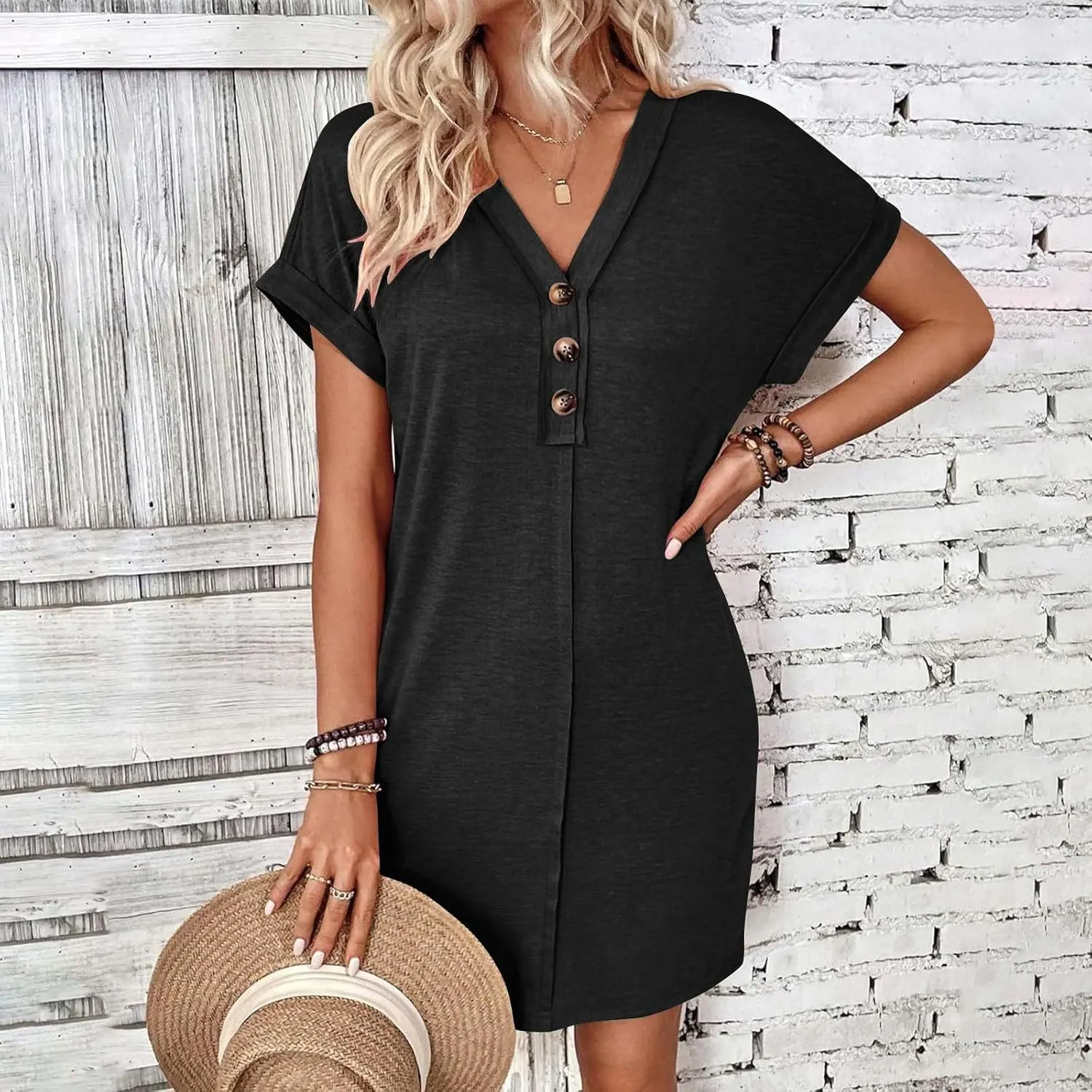 Women's Casual T Shirt Dress Button Up V Neck Tunic Dresses Summer Short Sleeve Mini Dresses Loose Sundresses