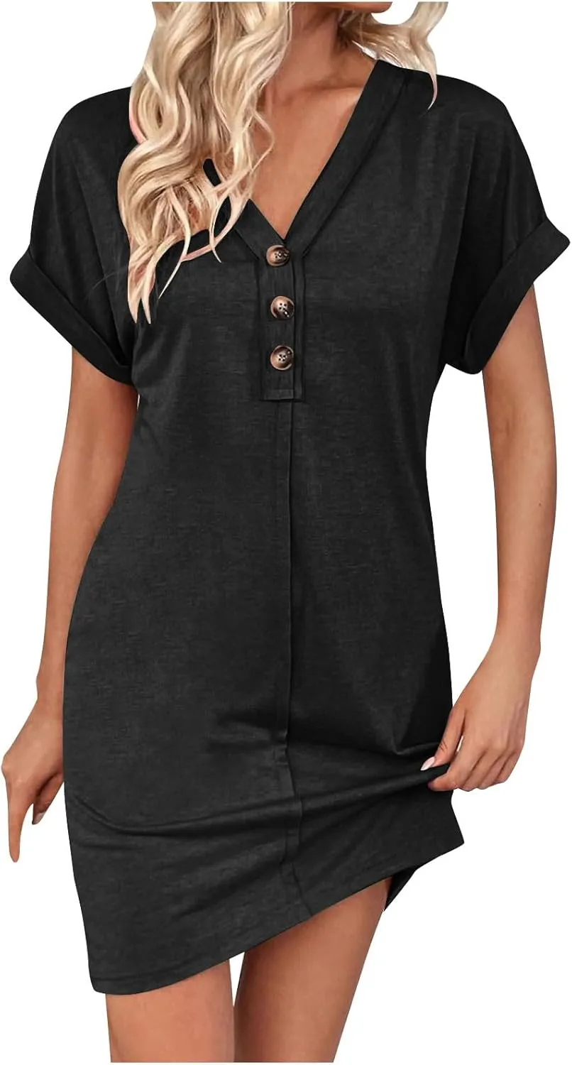 Women's Casual T Shirt Dress Button Up V Neck Tunic Dresses Summer Short Sleeve Mini Dresses Loose Sundresses